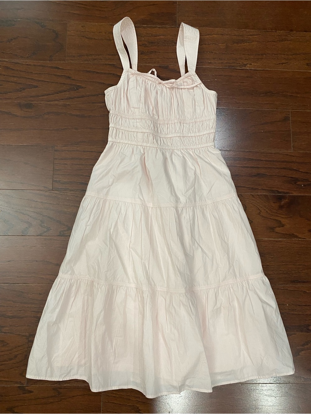 Aritzia Sunday Best Martine Poplin Midi Dress Light Pink Tiered Lined Elastic S
